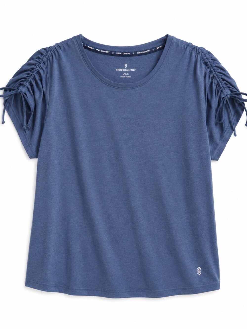 Free Country Blue Poly Spandex Blend Ruched Drawstring Sleeved Top Sz Lg